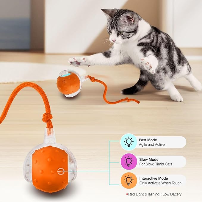 Electric Interactive Cat Toy Ball - Automatic Rolling Silicone Cat Toys for Indoor Cats, Durable Chew-Proof Motorized Kitty Ball with LED Light, Fun Exercise Toys for Bored Kittens（Orange）