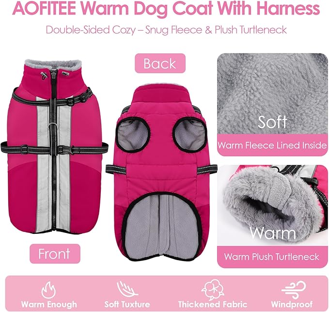 AOFITEE Dog Coat for Large Dogs, Waterproof Dog Winter Jacket with Built in Harness, Warm Turtleneck Cold Weather Coats Large, Reflective Fleece Lined Snow Jacket for French Bulldog, Boston Terrier, L