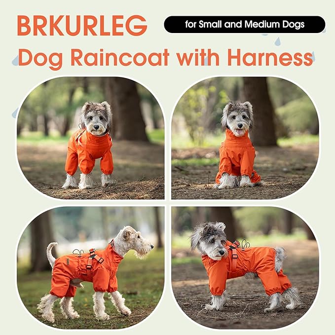 BRKURLEG Dog Raincoat for Small Dogs, Small Dog Rain Jacket with Harness Built in, Waterproof 4 Legs Pet Raincoats, Puppy Outdoor Jacket with Reflective Strip, Orange, XXL