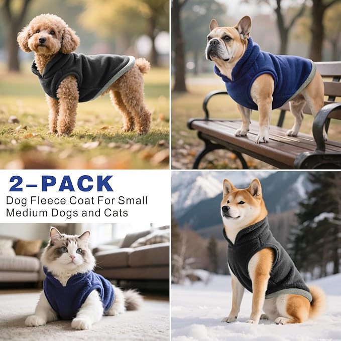 Idepet 2 Pack Dog Fleece Vest Sweater Warm Pullover Jacket with D-Ring Leash Reflective Winter Coat Hoodie for Puppy Cat French Bulldog Pug Chihuahuas Yorkies Dachshunds(Black&Blue,X-Small)