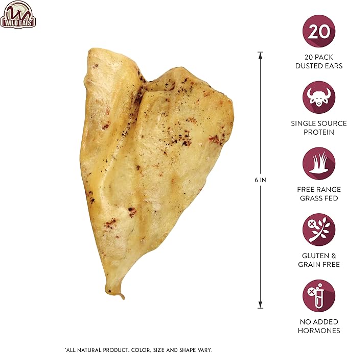 Wild Eats Water Buffalo All Natural Dusted Ear Dog Chews, Treats & Dog Snacks - 20 Piece Value Pack (Grain Free Treats - Great Alternative to Pig Ears, Cow Ears, Bones & Rawhides for Dogs)