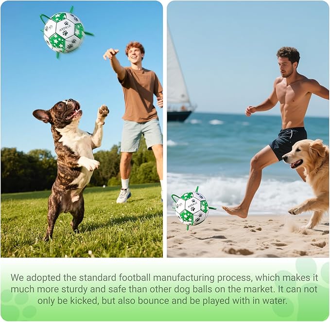 Size 3 Interactive Dog Football with Strap, White & Green, Eye-Catching Star and Paw Print Design, Ideal Outdoor Training Pet Toy, Perfect Choice for Medium & Large Dogs' Playtime