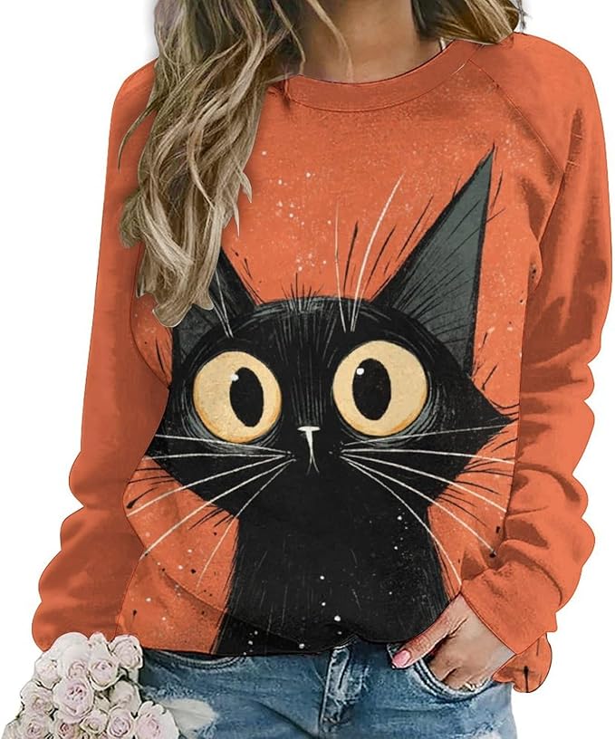 Abstract Cute Cat Shirts for Women Long Sleeve Lady Crewneck Pullover Sweatshirt Fall Winter Oversized Tops