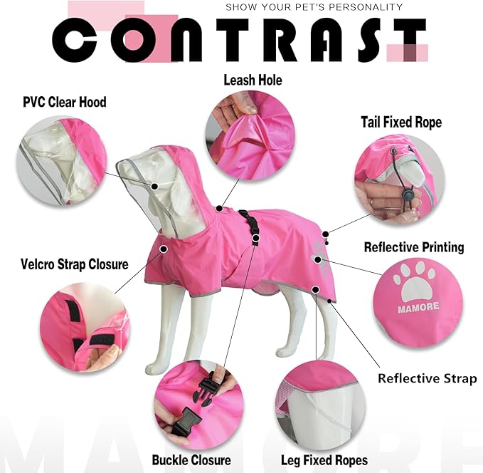 MAMORE Dog Raincoat Hooded Rain Jacket for Small Medium Large Dogs Slicker Poncho Bottom Waterproof Adjustable Reflective Breathable Leash Hole (Pink, Large)