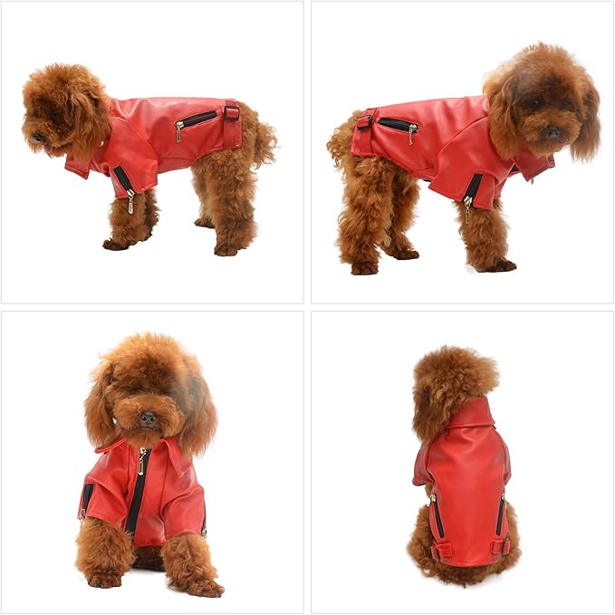 Lovelonglong Cool Dog Leather Jacket, Warm Coats Dogs Windproof Cold Weather Coats for Large Medium Small Dogs, Toy Poodle Clothing Red XS