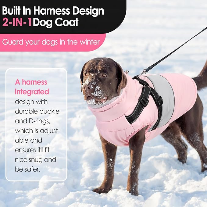 AOFITEE Dog Coat, Waterproof Dog Jacket Winter, Dogs Coat with Harness Built in, Warm Dogs Puffer Jacket with Zipper, Reflective Pet Snowsuit Sweater for Dachshund, French Bulldog, Boston Terrier, M