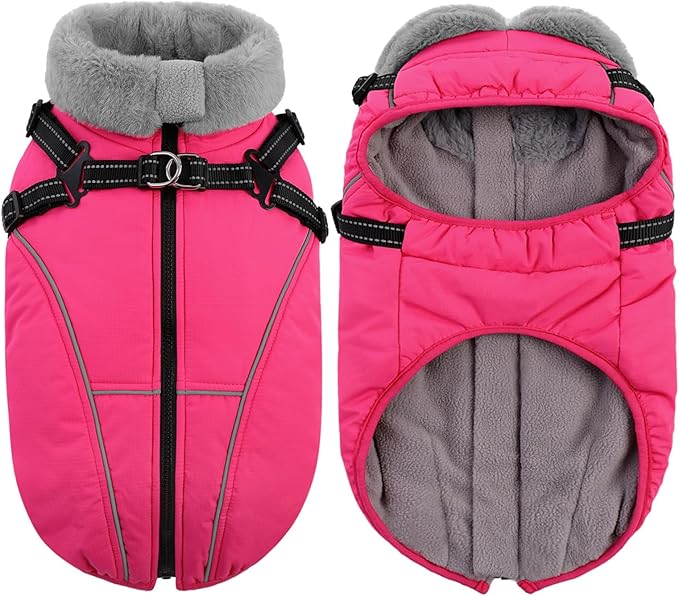 Queenmore Large Dog Jackets,Dog Coats for Extra Large Dogs with Harness Built in,Reflective Waterproof Dogs Jackets with Fleece Lining,Warm Snowsuit Pet Coats for German Shepherd,Rosered,XXXL