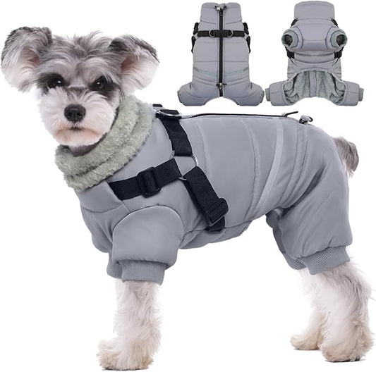 BRKURLEG Grey Dog Winter Coat, Cozy Winter Dog Jackets, Small Dogs Coat with Harness, Onesie Body Warm Puppy Jacket, Pet Reflective Windproof Cold Weather Jackets, Puppy Four-Legged Puffer Coats, L