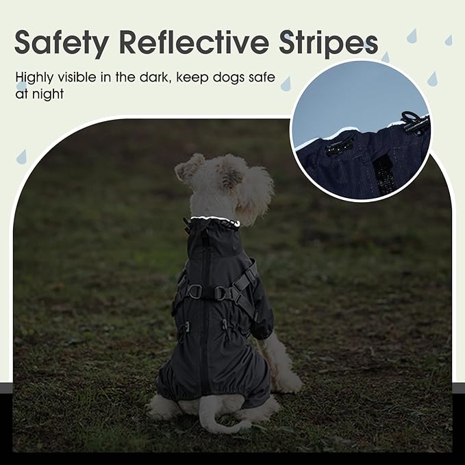 BRKURLEG Dog Raincoat with Harness for Small Dogs, Adjustable Waterproof Dog Rain Jacket, Reflective Rainproof Puppy 4 Legs Raincoat, Full Body Pet Rain Jacket, Dark Grey, M