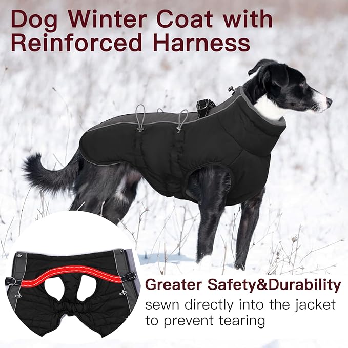Dog Winter Jacket - Large, Warm Zip Up Snowsuit Dog Harness Vest, Reflective, Water-Resistant, Black