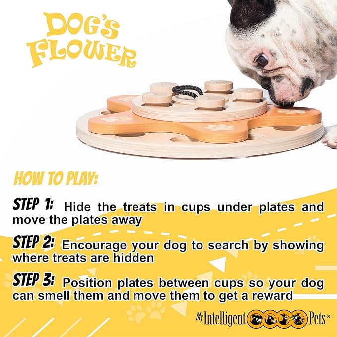 Dog's Flower - Interactive Wooden Puzzle Toy for Dogs, Brain Game for Mental Stimulation and Enrichment, All-Wood Design for Smart Dogs