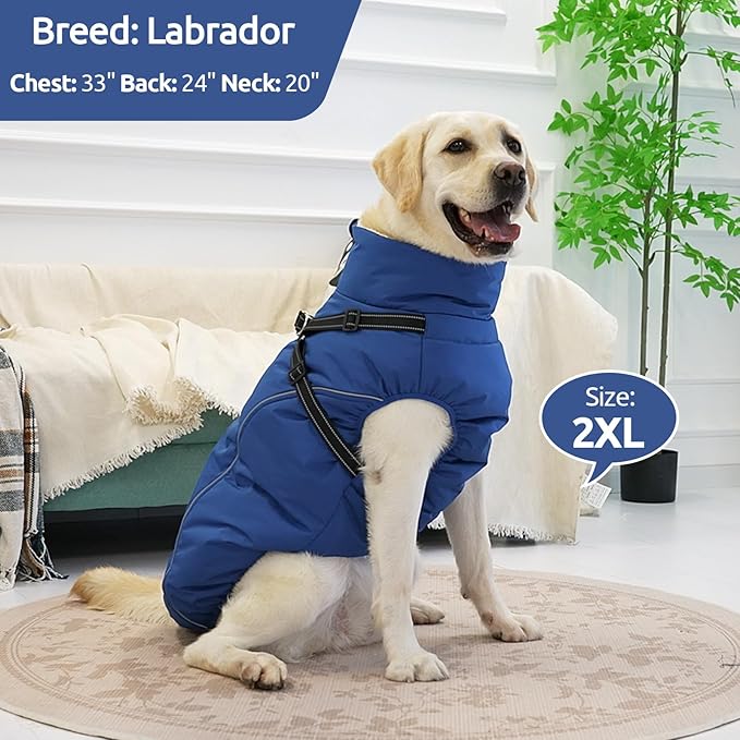 Dog Winter Coat with Harness Built in Warm Puffer Dog Jackets for Small Medium Large Dogs Windproof Waterproof Outfit with Plush Lining and Reflective Stripes (Brown, 3XL)