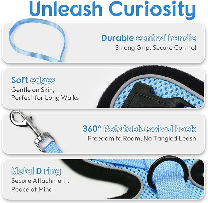 Dooradar Cat Harness and Leash Set, Escape Proof Safe Adjustable Kitten Vest Harnesses for Walking, Easy Control Soft Breathable Mesh Jacket with Reflective Strips for Cats,Light Blue, XS