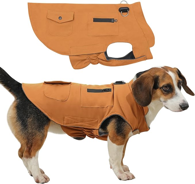 Workwear Style Dog Coats with Harness Built in for Small Dogs Windproof Warm Puppy Jacket with Storage Pockets for Cold Winter,BrightBeige XL