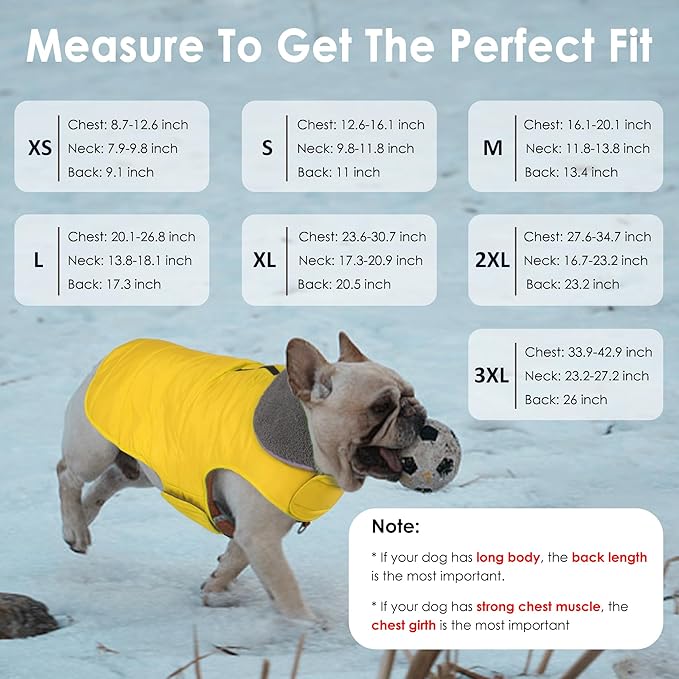 Dog Winter Coat, Waterproof Dog Jacket with Leash Hole, Reflective Adjustable Pet Snow Vest, Warm Fleece Sweater for Small Medium Large Dogs - Yellow, S