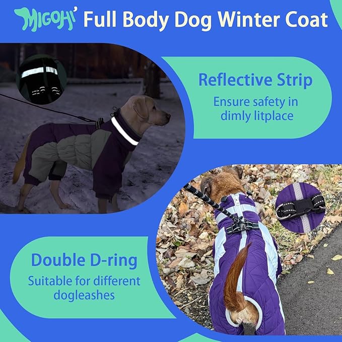 MIGOHI Full Body Dog Coat - Warm Reflective Winter Coat for Medium Dogs with Harness,Turtleneck Dog Fleece Jacket,Four-Leg Windproof Puffer Jackets Snowsuit with Zipper for Small Medium Large Dogs,L