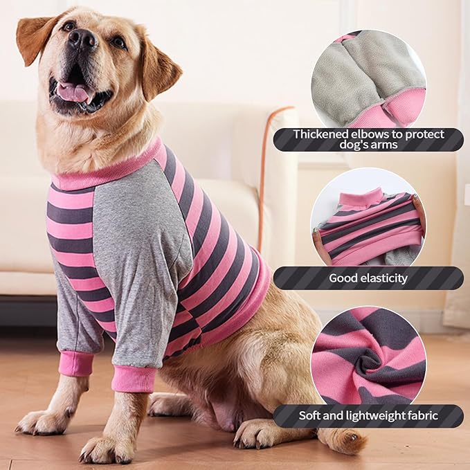 FUAMEY Dog Recovery Sleeve with Elbow Protector,Dogs Shirt Stop Licking Joints,Pet Long Sleeve Suit Protecting Dog's Front Leg Arm Wounds Cover Skin Conditions Pink Stripes XL