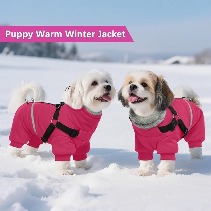 BRKURLEG Dog Winter Coat with Harness Built in, Winter Dog Jacket for Small and Medium Dogs, Small Dogs Snowsuit Reflective Windproof Cold Weather Coat, Puppy Warm Fleece Coats, Hot Pink, S