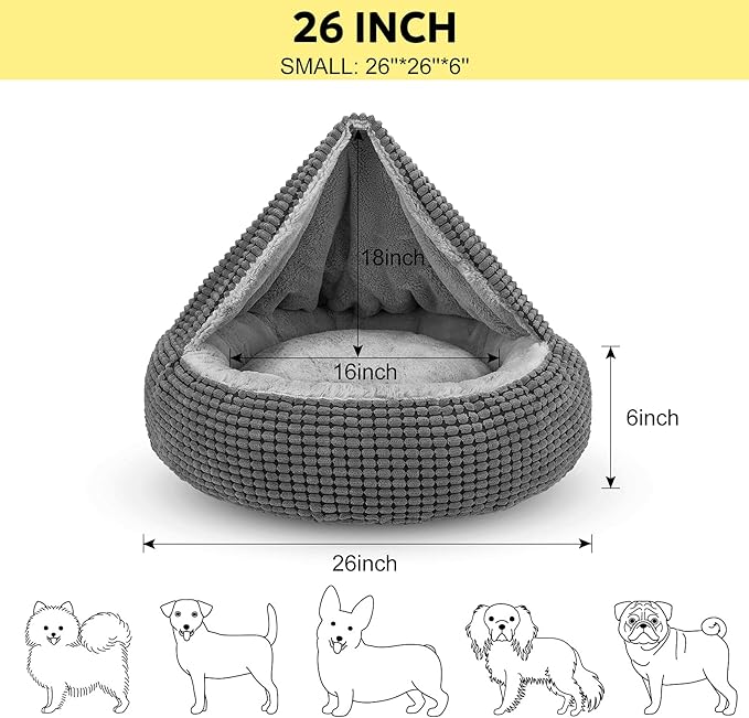SIWA MARY Dog Bed with Attached Blanket for Small Dogs or Cats, Soft Plush Cozy Donut Cuddler Hooded Pet Beds Washable. Round Puppy Bed Orthopedic, Calming Cat Cave Bed. Anti-Slip Bottom 26inch