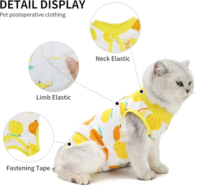 Cat Professional Surgical Recovery Suit,E-Collar Alternative for Cats Dogs,After Surgery Wear, Pajama Suit,Home Indoor Pets Clothing (M (6-8 1bs), Lemon)