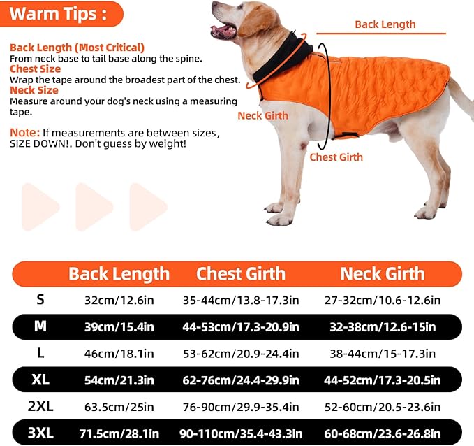 Nanaki Warm Dog Puffer Coat for Large Dogs-Lightweight Windproof Dog Coat with Hood, Water Resistant Pet Snowsuit for Cold Weather, Reflective Snowsuit, Adjustable Puffer Vest with Leash Hole, Orange
