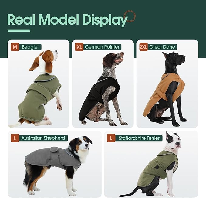 Kuoser Canvas Dog Coat, Warm Dog Jacket Reflective Fleece Pet Cold Weather Coat, Warm Doggie Clothes Waterproof Winter Vest with Zipper Leash Hole for Small Medium Large Dogs, Army Green S