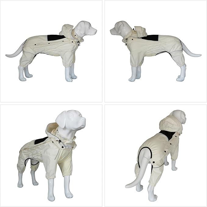 LOVELONGLONG Waterproof Dog Raincoat with Removable Hood – Outdoor Full Body Dog Jacket, Windproof Snowproof Shell Suit – All Season Pet Rain Gear Ivory XXL