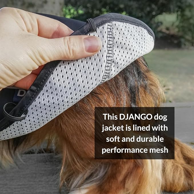 DJANGO Dog Jacket & Raincoat – Lightweight Water-Resistant Coat for Small, Medium, Long Dogs, & Dachshunds – Reflective, Adjustable Fit, Harness-Compatible & Easy-Access Harness Hole - Black, Medium