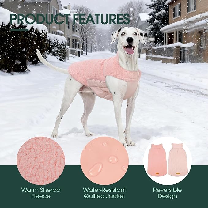 Kuoser Reversible Dog Coat – Warm Fleece & Quilted Waterproof Dog Jacket, Double-Sided Cold Weather Dogs Winter Coat with Harness Hole, Windproof Pet Snow Vest for Small Medium Large Dogs, Pink M