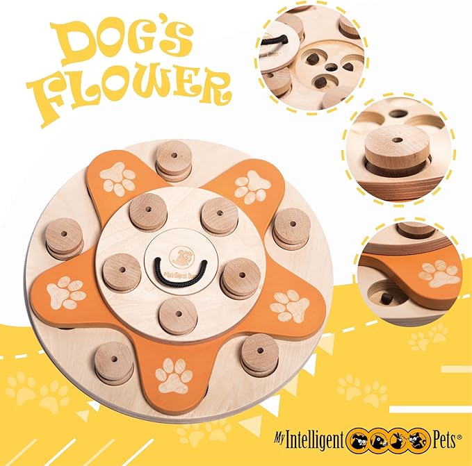 Dog's Flower - Interactive Wooden Puzzle Toy for Dogs, Brain Game for Mental Stimulation and Enrichment, All-Wood Design for Smart Dogs