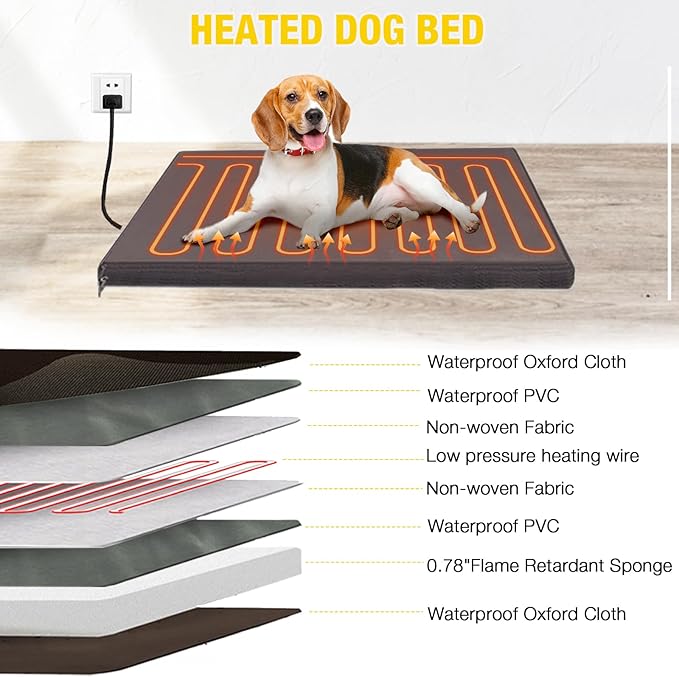 AIVITUVIN Heated Outdoor Dog House Insulated Liner with Anti-Chewing Iron Surround Dog Kennel Dog Shelter Weatherproof (Brown, 45" D x 32.9" W x 32.6" H)