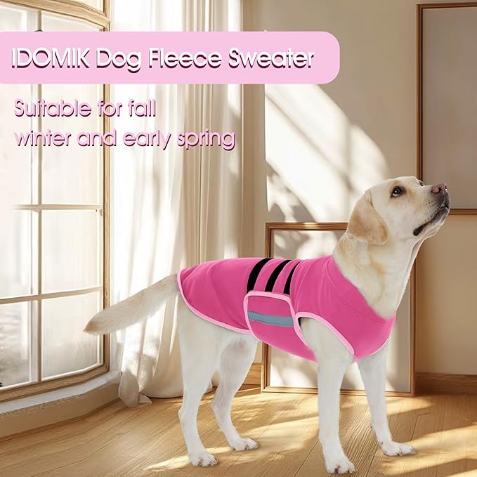 IDOMIK Warm Fleece Dog Sweater for Large Dogs,Soft Winter Dog Fleece Jacket Coat for Fall Cold Weather,Adjustable Fleeced Vest with Reflective Strips,Pullover Pet Sweatshirt for Girl Boy Dogs,Rose,3XL