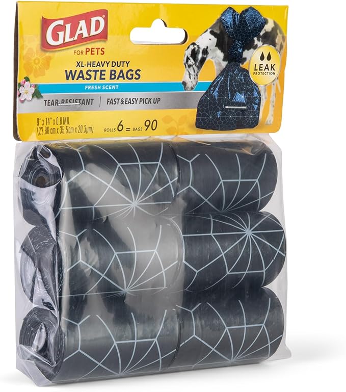 Glad for Pets Extra Large, Heavy Duty Scented Dog Waste Bags Refill Rolls, Fresh Scent | Tear Resistant Doggie Poop Bags for Dogs, 6 rolls, Total 90 Count (Pack of 2)