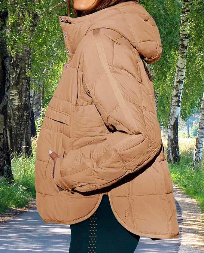 Womens Oversized Hooded Puffer Jacket Fall Winter Warm Quilted LightWeight Jacket Casual Fashion Solid Color Coat