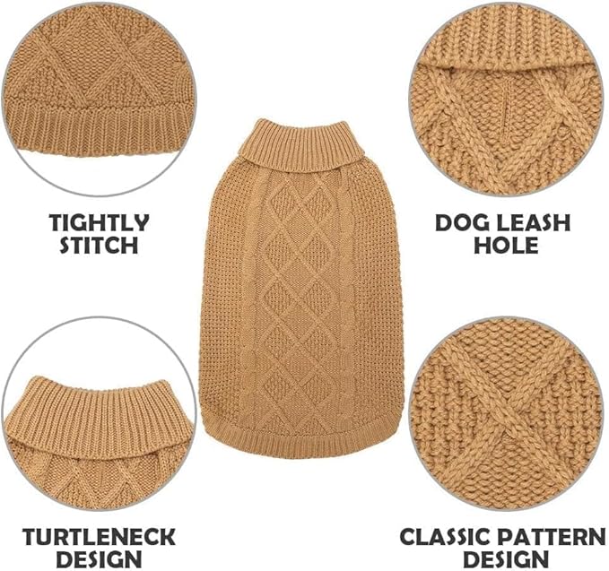 Mihachi Turtleneck Dog Sweater - Winter Coat Apparel Classic Cable Knit Clothes with Leash Hole for Cold Weather, Ideal Gift for Pet in New Year Beige 2XL