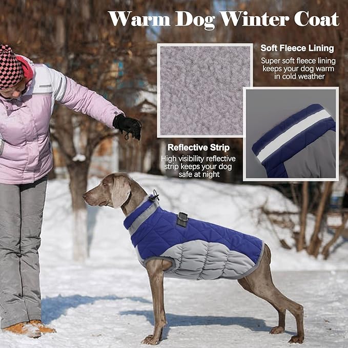 Lelepet Dog Coat Warm Dog Winter Coat Waterproof Dogs Jacket with Harness Built in Reflective Pet Fleece Vest Zip-Up Cold Weather Coats for Large Dogs Turtleneck & Windproof Coats Boston Terrier Blue
