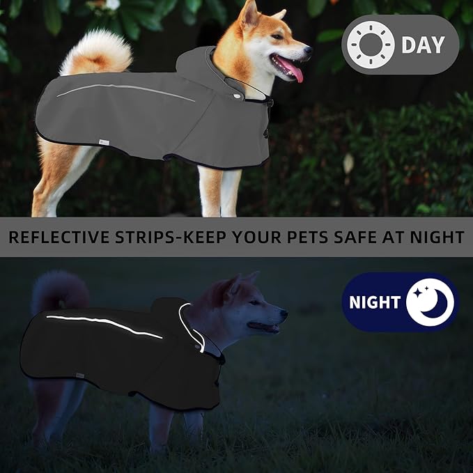 Mile High Life Dog Raincoat, Adjustable Waterproof Pet Rain Jacket, Reflective Hooded Poncho for Small Medium Large Dogs, Lightweight Breathable Pet Rain Coat (Dark Gray,XS Chest 15"-18")