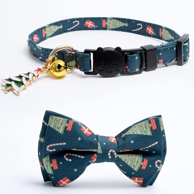 2 Pack Cotton Christmas Cats Collar with Bow Tie Red Green Cat Collars for Girl Female Boy Male Cat Collar with Bell Gingerbread Man Christmas Trees Charms