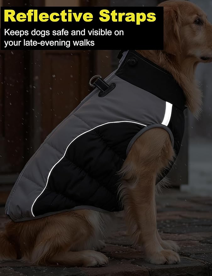 AURUZA Dog Coat, Warm Dog Winter Coat Waterproof Small Dogs Jacket with Harness Built Reflective Pet Vest with Zipper for Medium Dogs Windproof Pet Fleece Vest Snow Jacket for Cold Weather（Black,3XL）