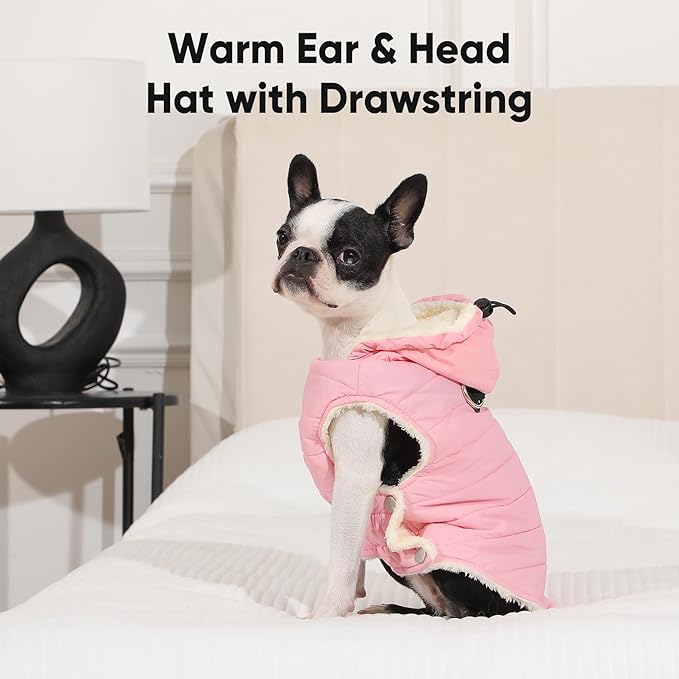 Fleece Lining Dog Hoodie with Harness Built in,Extra Warm Large Dog Jacket in Winter Doggie Coats with Drawstring Hooded,Light Pink XXXL