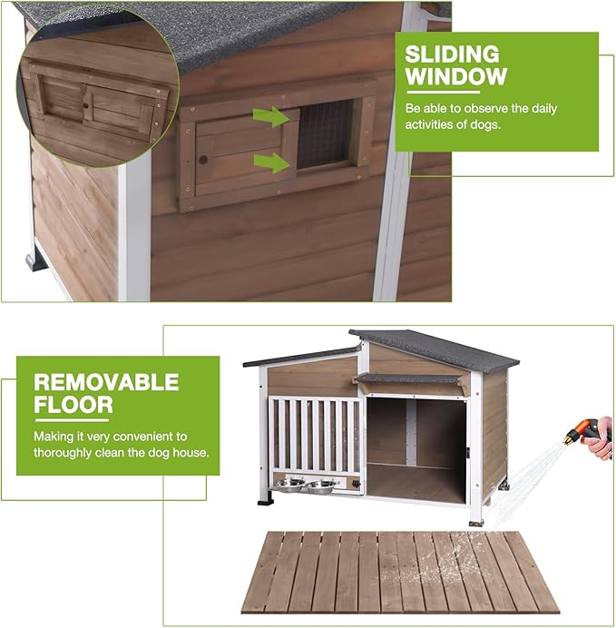 Dog House Outdoor for Large Breed with Anti-Chewing Iron Frame, Weatherproof Puppy Kennel with 360° Rotating Bowls, Dog Crate for Small & Medium Dogs Outside (Light Brown)