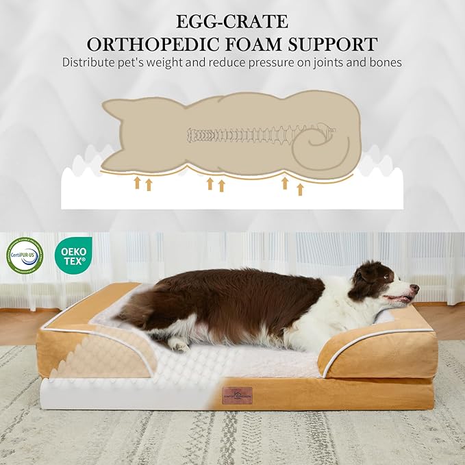 Comfort Expression Orthopedic Dog Bed for Small Dogs 24x16 Inch, Waterproof Supportive Egg Crate Foam Small Pet Bed with Removable Bolsters, Dog Couch with Washable Cover & Non-Slip Bottom, Caramel