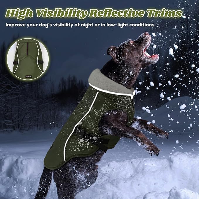 EMUST Dog Cold Weather Coats, Fleece Lining Small/Medium/Large Dog Jacket for Winter, Warm Waterproof Pet Winter Clothes for Large Dogs, Green, XL