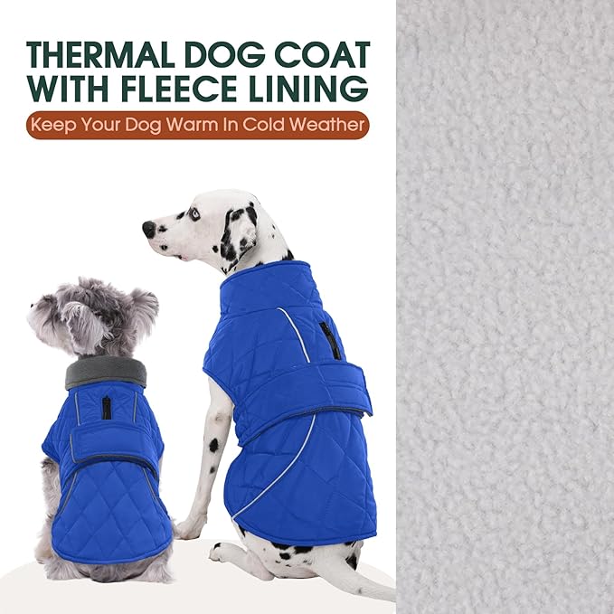 Kuoser Dog Coat, Extra Warm Dog Jacket Windproof Dogs Cold Weather Coats for Medium Dogs, Fleece Lining Turtleneck Puppy Snowsuit Reflective Adjustable Pet Winter Clothes Christmas, Blue M