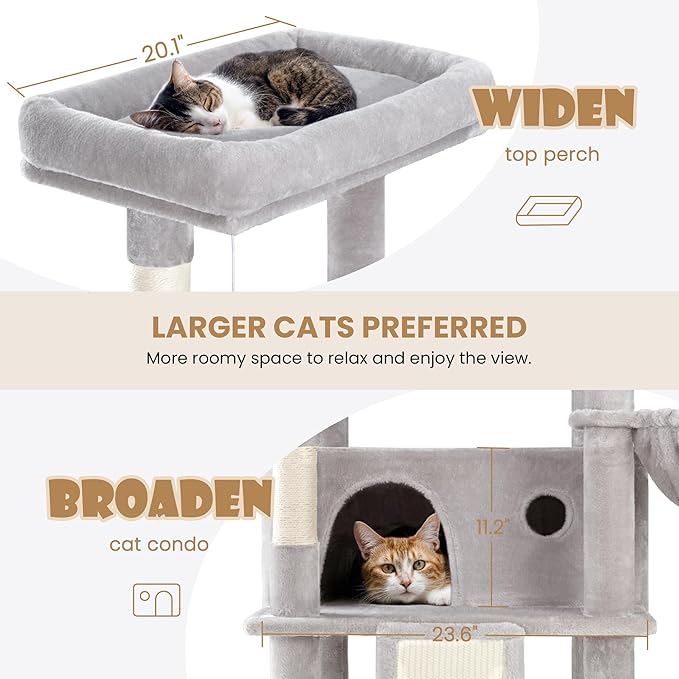 SHA CERLIN 81in Multi-Level Tall Cat Tree Tower for Indoor Kitties/Larger Cat Condo Furniture with Hammock/Cozy Pussycat Perches/Sisal Scratching Posts/Pet House/Wide Base/Grey