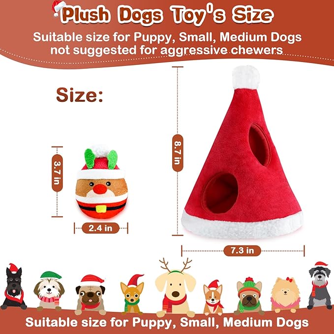 Christmas Squeaky Dog Toys - 4 Pack Hide and Seek Dog Toys - Plush Toys Christmas Hat for Puppy, Small, Medium Breeds