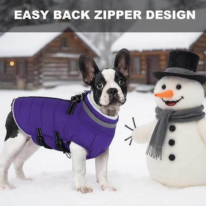 Large Dog Coat with Harness Built-in, Waterproof Reflective Fleece Lined - Warm Windproof Winter Jacket with Back Zipper, Cold Weather Snow Dog Coats - Purple - 2XL