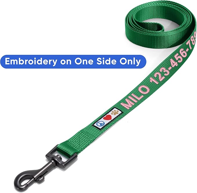 Pawtitas Personalized Dog Leash - Embroidered Custom Leash with Pet Name & Phone Number, 6 ft Long, Extra Small, Lush Green