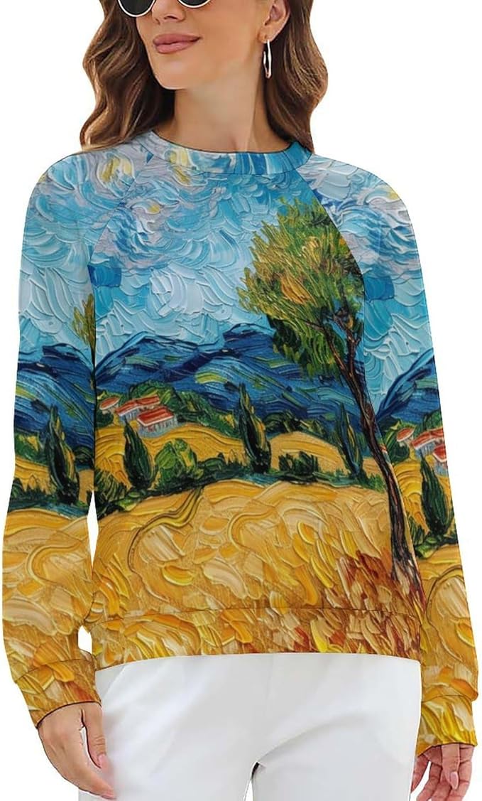 Long Sleeve Shirts for Women Cat Oil Painting Shirt 3D Graphic Sweatshirts Fall Pullover Crewneck Vintage Boho Tops