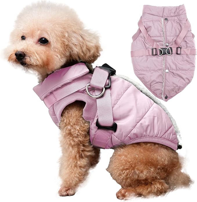 Dog Jacket with Harness,Fleece Lined Warm Puppy Coat for Winter,Soft Windproof Small Dog Vest,Light Pink XS